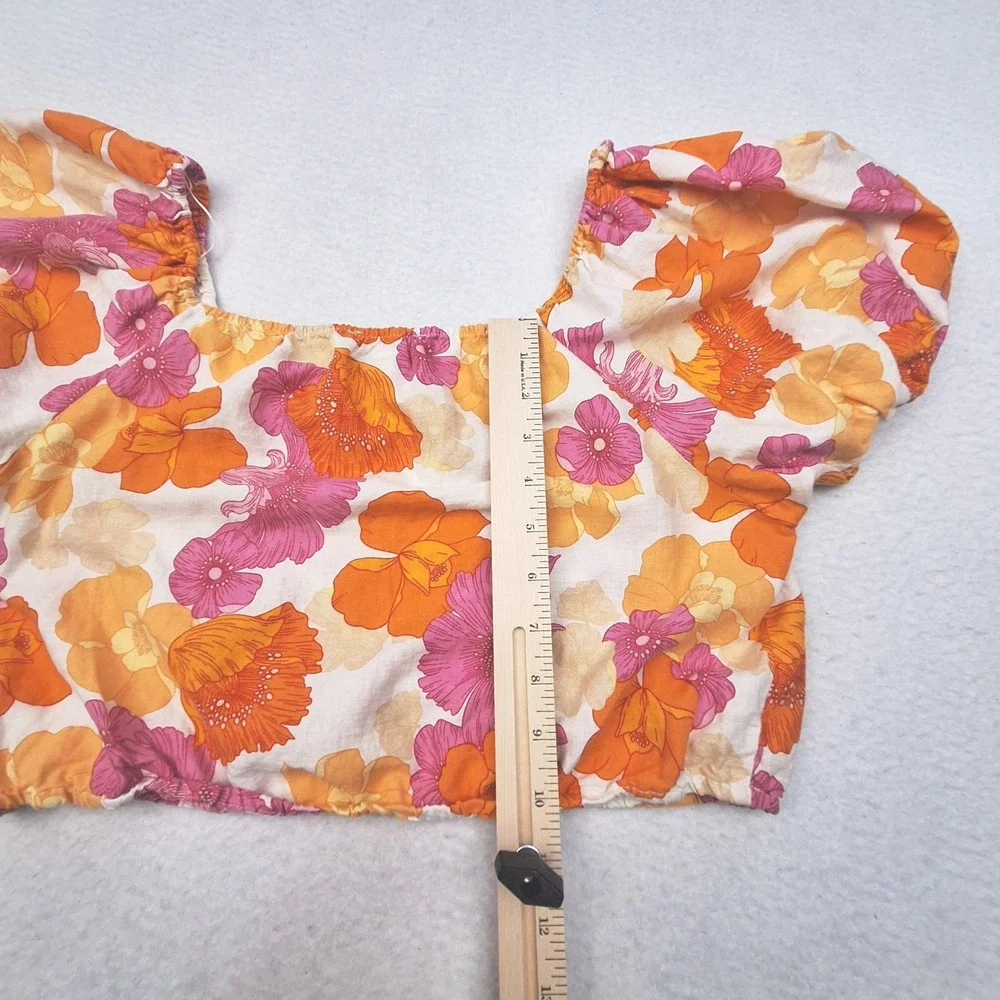 Cynthia Rowley Crop Top Womens Medium Orange Floral Linen Blend Puff Sleeve Boho - Picture 5 of 8